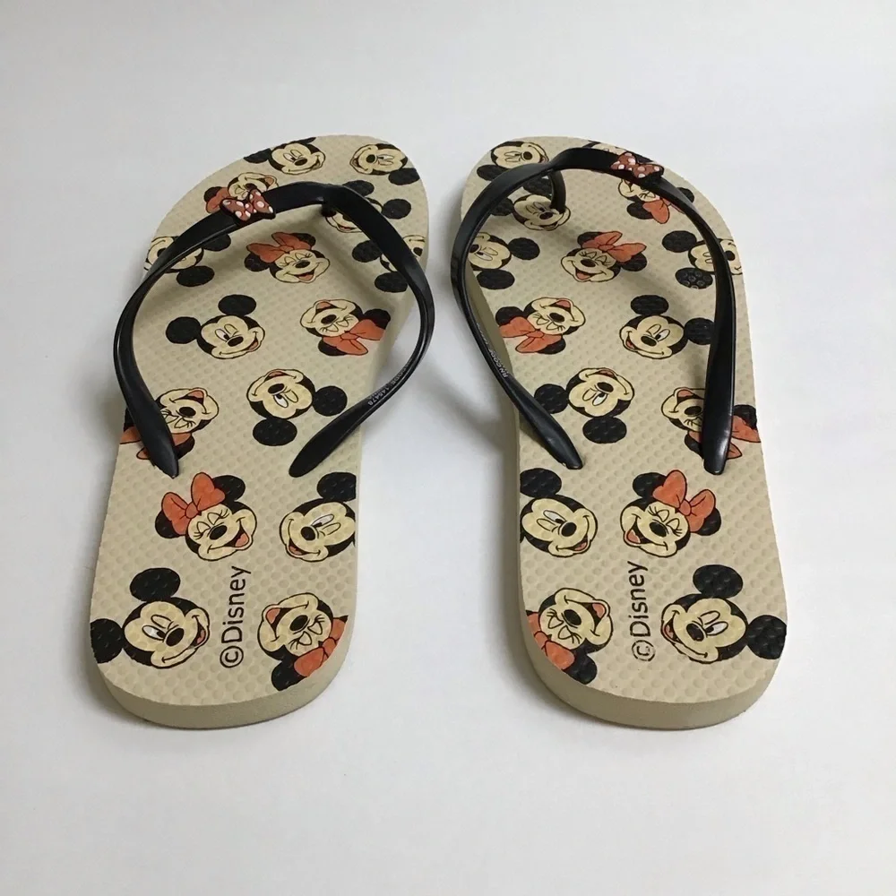 Disney SZ 10 1/2 Flip Flops Women’s Mickey and Minnie Mouse Sandals Red Bows Tan